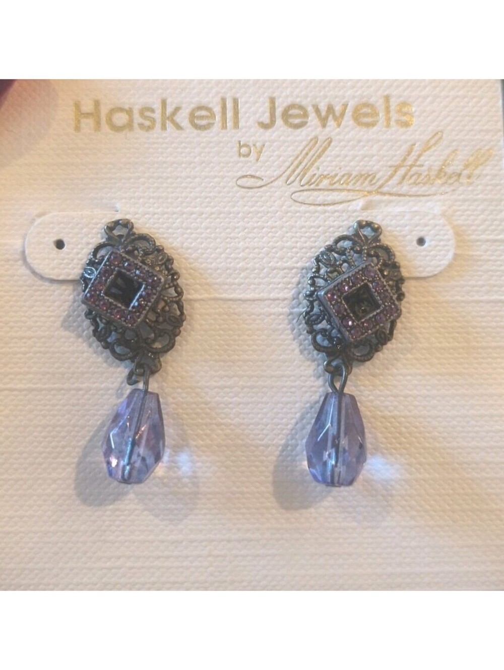 Miriam Haskell Amethyst Crystal Dangle Drop Pierced Earrings Vintage RARE